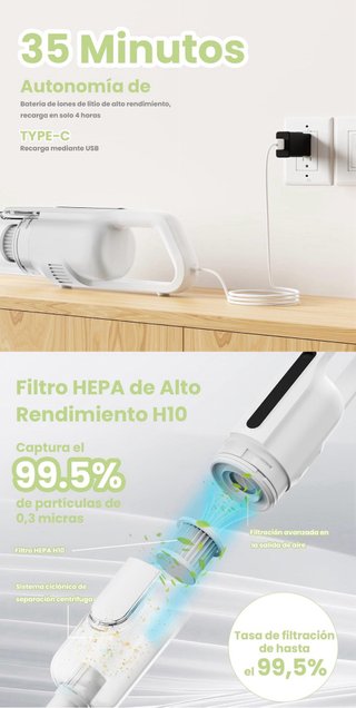 Aspiradora Sin Cable Ligera 1.25Kg 28000Pa 35Min