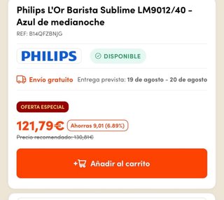 Cafetera Philips L'OR Barista Azul de Media noche