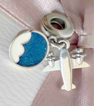 Pandora Charm Avión y Luna Azul Plata