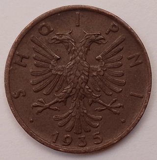 Albania 1 Qindar-Ar 1935 Mint Mark Roma, Rara