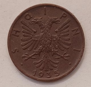 Albania 1 Qindar-Ar 1935 Mint Mark Roma, Rara
