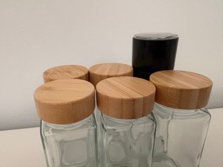 6 especieros frascos vidrio bambú molinillo