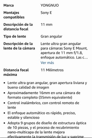 Objetivo YONGNUO 11mm f/1.8 E-mount APS-C