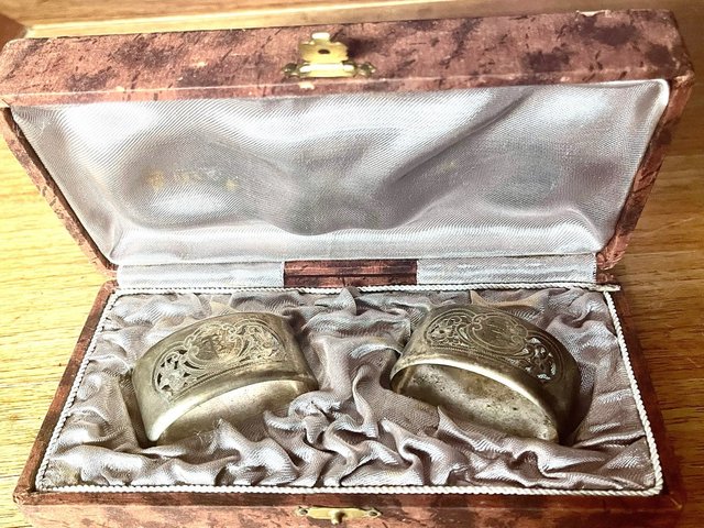 Pareja servilleteros antiguos alpaca c. 1930-1940