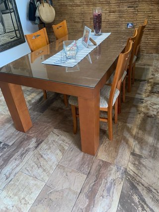 Mesa de comedor de madera y cristal 2m y 6 sillas