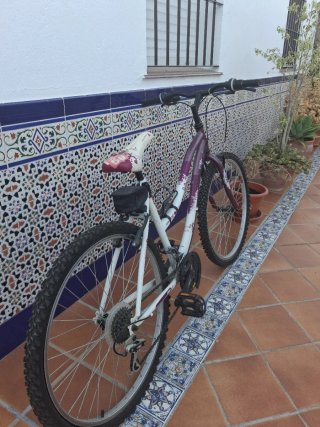 Bicicleta niña morada y blanca