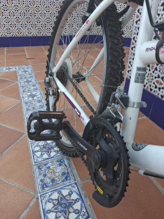 Bicicleta niña morada y blanca