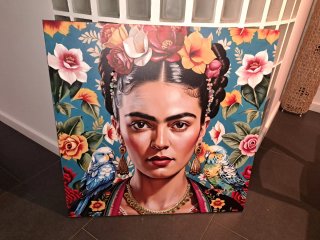 Cuadro Frida Kahlo con Flores y Pájaros 80x80