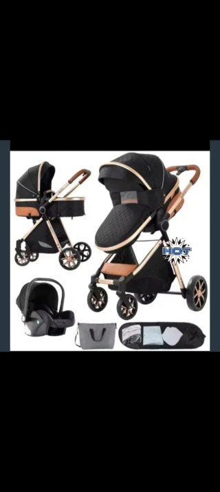 Carrito de bebé 3 piezas negro y dorado