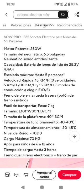 Patinete eléctrico niña rosa LP65 precintado
