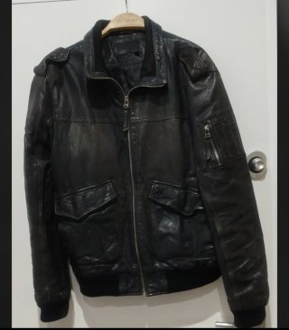 Cazadora Piel Estilo Aviador Bomber Negra
