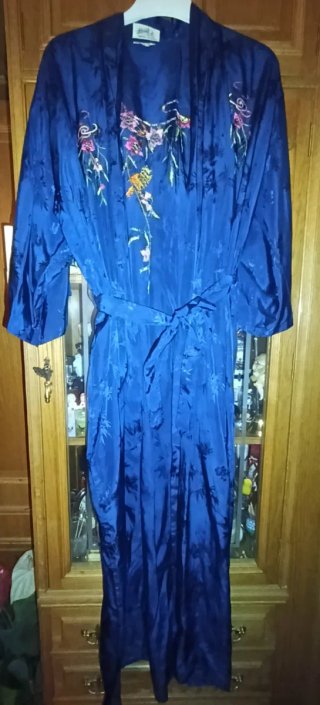 Bata kimono unisex, azul marino bordada