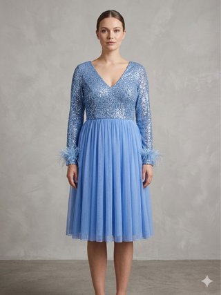 Vestido Fiesta T42 Lentejuelas Azul Plumas NUEVO