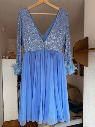 Vestido Fiesta T42 Lentejuelas Azul Plumas NUEVO