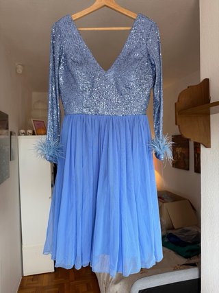 Vestido Fiesta T42 Lentejuelas Azul Plumas NUEVO