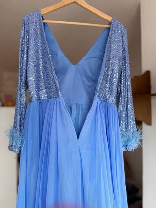 Vestido Fiesta T42 Lentejuelas Azul Plumas NUEVO