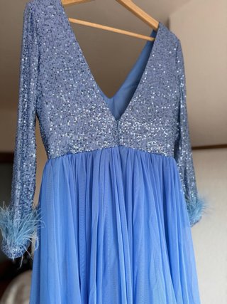 Vestido Fiesta T42 Lentejuelas Azul Plumas NUEVO