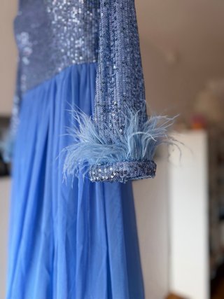 Vestido Fiesta T42 Lentejuelas Azul Plumas NUEVO