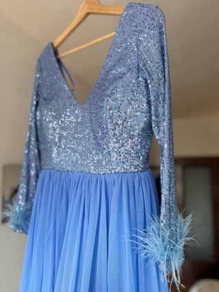 Vestido Fiesta T42 Lentejuelas Azul Plumas NUEVO