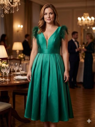 Vestido Midi Verde T50 Plumas Boda Fiesta NUEVO
