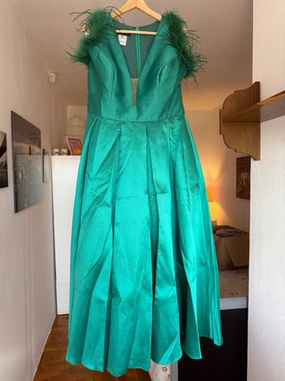 Vestido Midi Verde T50 Plumas Boda Fiesta NUEVO
