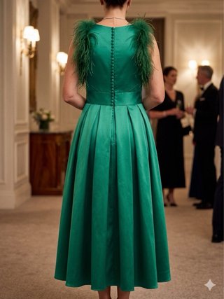 Vestido Midi Verde T50 Plumas Boda Fiesta NUEVO