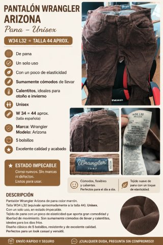 Wrangler Arizona de pana – Unisex – W34/talla 44