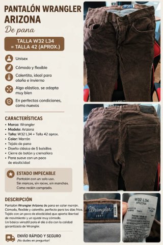 Wrangler Arizona de pana – Unisex – W32 L talla 42