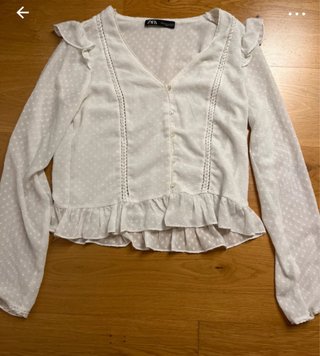 Blusa Zara Blanca Pico Manga Larga Volantes