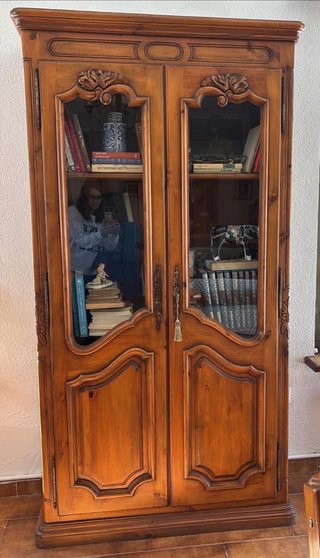 Librería de madera con puertas de cristal