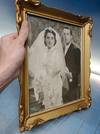 Foto enmarcada vintage, fotografía de estudio, pareja de recién casados, 36x30x03 cm