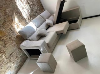 Sofá Chaise Longue Beige/Gris Tela