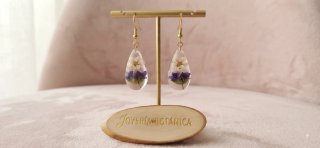 Pendientes Resina Flores Naturales Morado Blanco