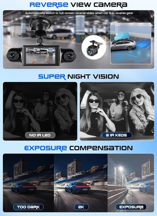 CAMECHO Dashcam 3'' 4 Canales 2K 360° WiFi GPS
