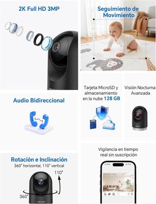 WOLFANG WS03 Cámara WiFi 2K 360° Interior 2 Pack