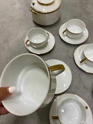 Juego Consomé Sopera Porcelana Dorada