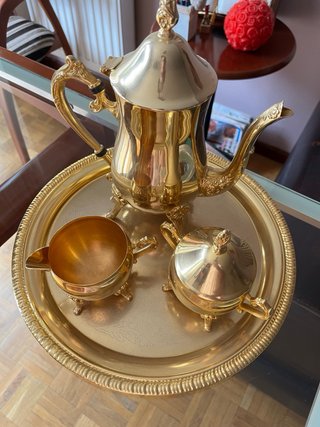 Juego café antiguo metal dorado