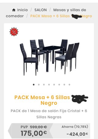 Mesa cristal negro y 6 sillas comedor