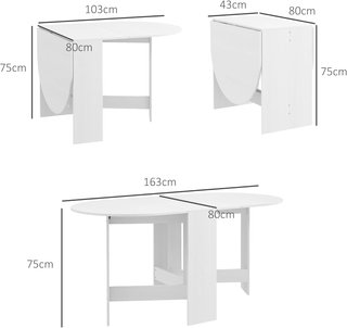 Mesa de Comedor Plegable, 163X80 cm Escritorio Plegable Ahorra Espacio Con 2 Alas Ovaladas para 6 Personas, Mesa de Cocina con Alas, Ideal para Sala de Estar, Casa, Oficina, Blanca