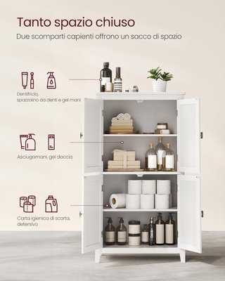 Mueble de Baño, Mueblecito de Baño, Credenza de Cocina, Armario con 4 Puertas, Estantes Regulables, 30 X 60 X 110 Cm, Blanco BBC552P31