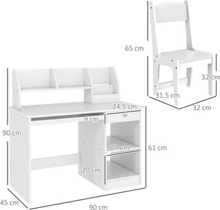 Mesa de Escritorio para Niños con Silla, Banco Escolar para Niños de 5 a 8 Años en Madera con Estante y Silla, Blanca