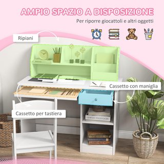 Mesa de Escritorio para Niños con Silla, Banco Escolar para Niños de 5 a 8 Años en Madera con Estante y Silla, Blanca