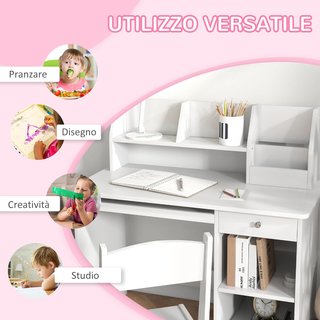 Mesa de Escritorio para Niños con Silla, Banco Escolar para Niños de 5 a 8 Años en Madera con Estante y Silla, Blanca