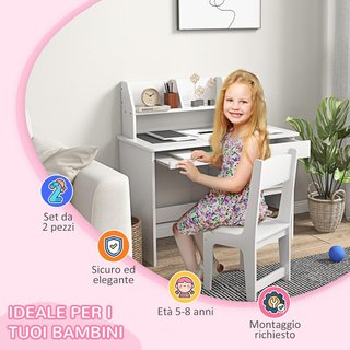 Mesa de Escritorio para Niños con Silla, Banco Escolar para Niños de 5 a 8 Años en Madera con Estante y Silla, Blanca
