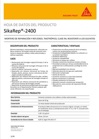 15 sacos SikaRep 2400 Mortero Reparación 25 kg.