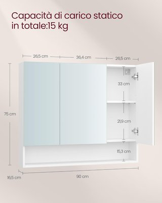 Colección KAILYN - Armario de Baño de Pared con Puertas Espejo, Mueble Colgante de Baño, Espejo, Compartimento Abierto, Estantes Regulables, 16,5 X 90 X 75 Cm, Blanco Nube BBK130W01