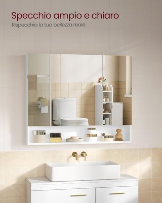 Colección KAILYN - Armario de Baño de Pared con Puertas Espejo, Mueble Colgante de Baño, Espejo, Compartimento Abierto, Estantes Regulables, 16,5 X 90 X 75 Cm, Blanco Nube BBK130W01