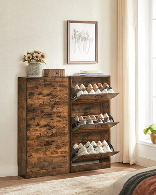 Zapatero Con 3 Puertas Y Compartimentos Abatibles, Organizador de Zapatos de Madera, Perfecto para Pasillo Estrecho, Sala de Estar, Dormitorio, 60 X 24 X 120 Cm (L X P X A), Marrón Vintage
