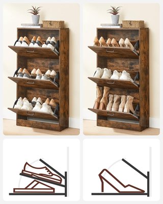 Zapatero Con 3 Puertas Y Compartimentos Abatibles, Organizador de Zapatos de Madera, Perfecto para Pasillo Estrecho, Sala de Estar, Dormitorio, 60 X 24 X 120 Cm (L X P X A), Marrón Vintage