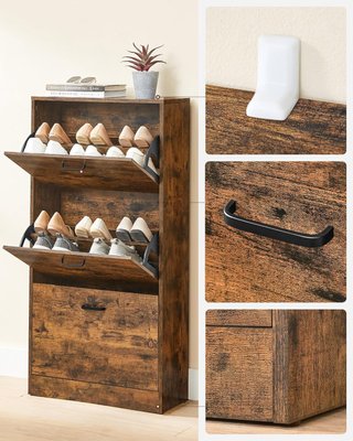 Zapatero Con 3 Puertas Y Compartimentos Abatibles, Organizador de Zapatos de Madera, Perfecto para Pasillo Estrecho, Sala de Estar, Dormitorio, 60 X 24 X 120 Cm (L X P X A), Marrón Vintage